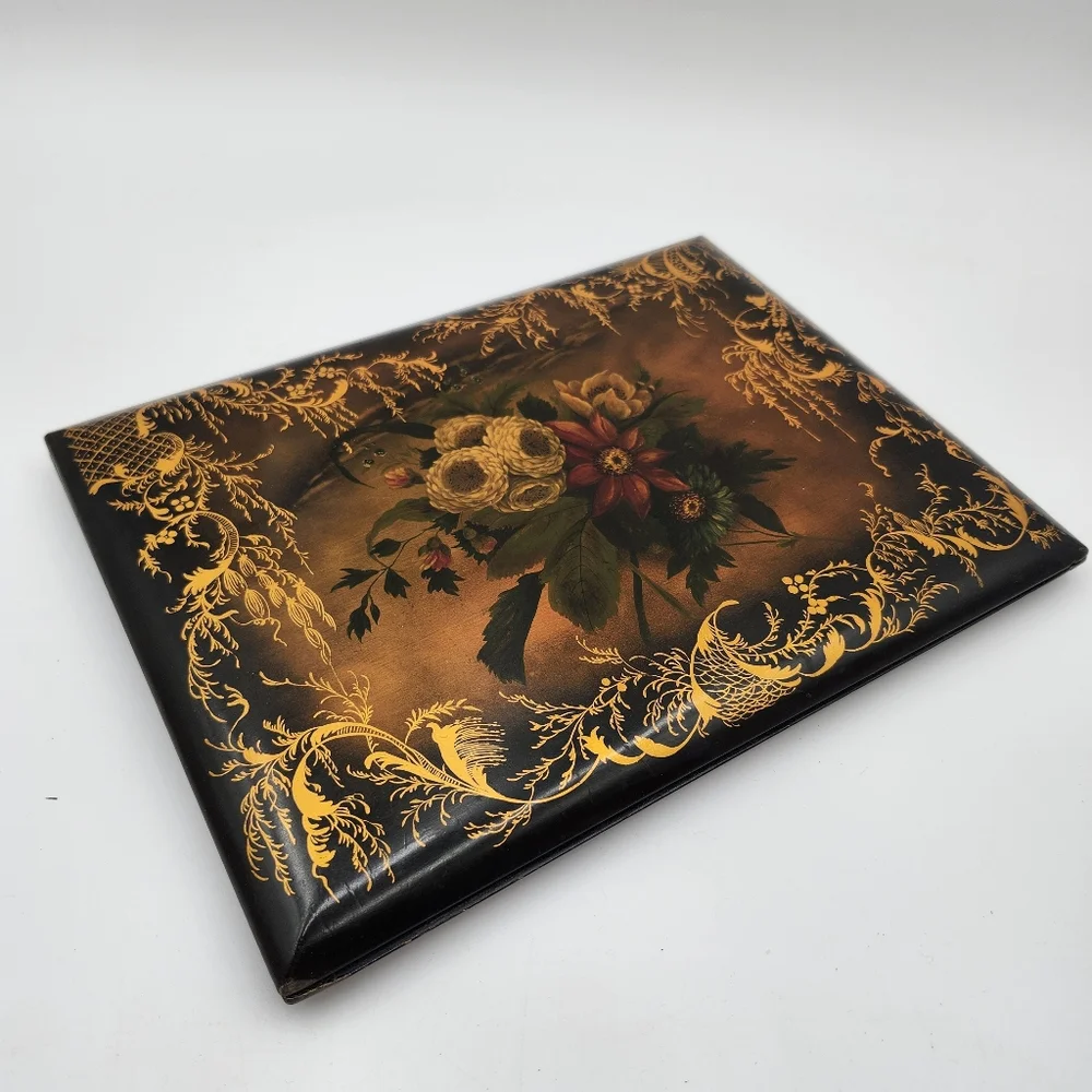 Antique ART Victorian Edwardian lacquer PAPIER MACHE BOOK COVER FLOWERS